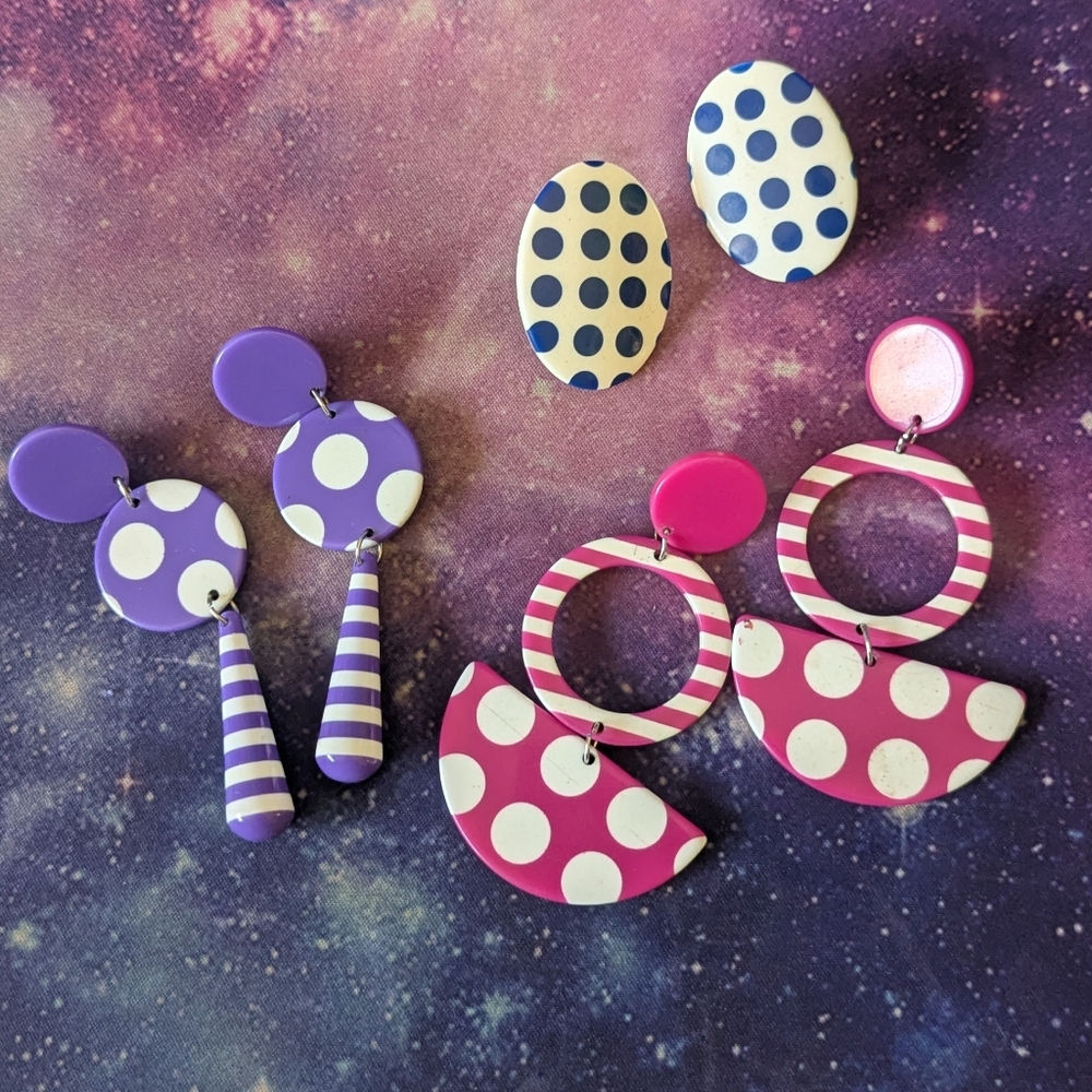 Vintage 80s Costume Fashion Earrings (Lot Of 3 Pairs)